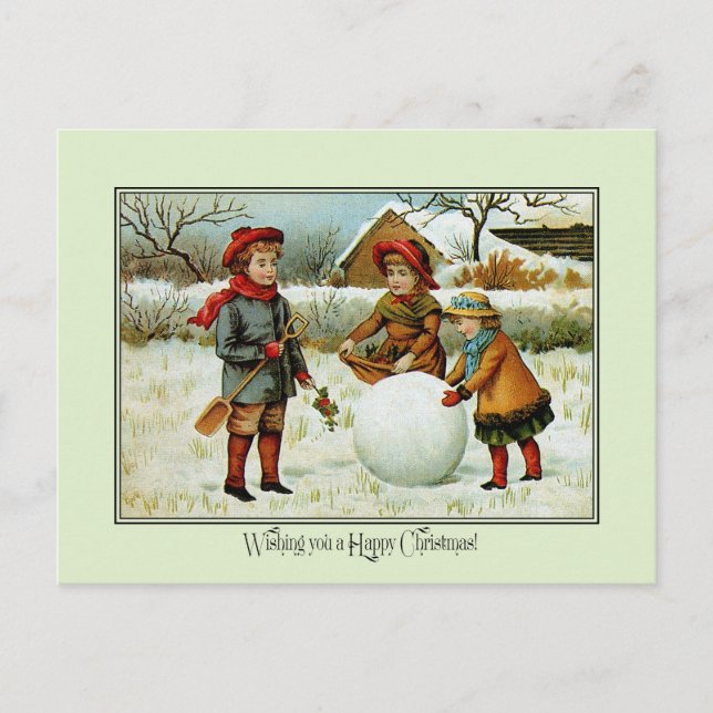 Antique Victorian Christmas children playing snow Holiday Postcard (Front)