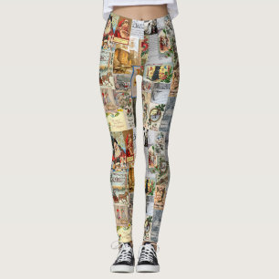 Antique Victorian Christmas Ephemera Collage Art Leggings