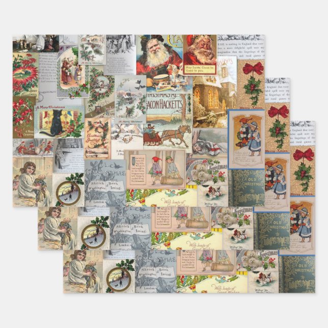 Antique Victorian Christmas Ephemera Collage Art Wrapping Paper Sheet (Set)