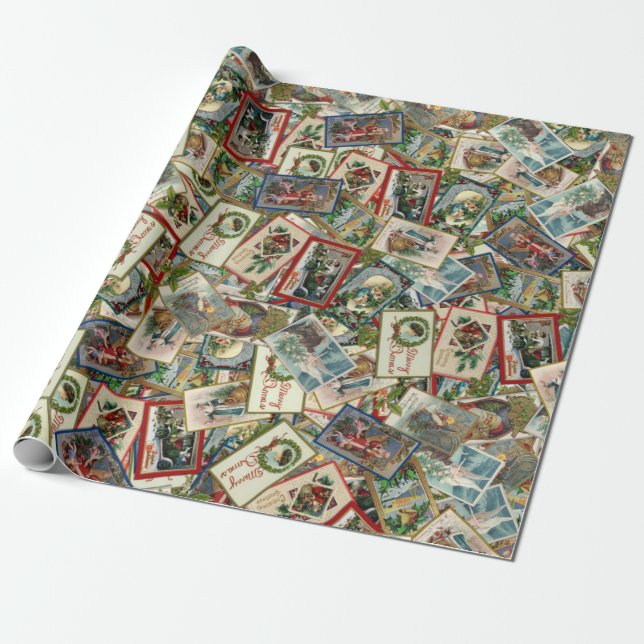 Antique Victorian Christmas Postcards Wrapping Paper (Unrolled)