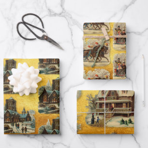 Antique Victorian Christmas Sleigh Church Old Gold Wrapping Paper Sheet