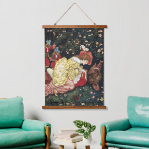 Antique Victorian Fairy Tale Beauty and the Beast Hanging Tapestry