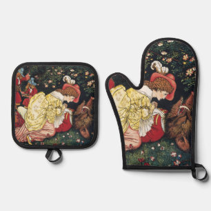 Antique Victorian Fairy Tale Beauty and the Beast Oven Mitt & Pot Holder Set