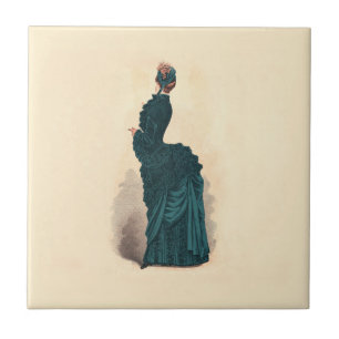 Antique Victorian Fashion Plate: Teal Bustle Dress Ceramic Tile