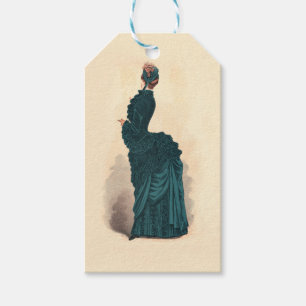Antique Victorian Fashion Plate: Teal Bustle Dress Gift Tags