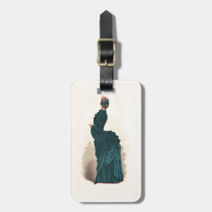 Antique Victorian Fashion Plate: Teal Bustle Dress Luggage Tag
