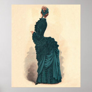 Antique Victorian Fashion Plate: Teal Bustle Dress Poster