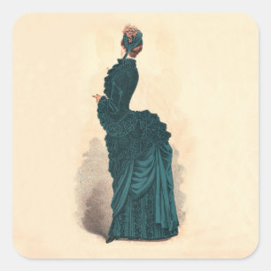 Antique Victorian Fashion Plate: Teal Bustle Dress Square Sticker