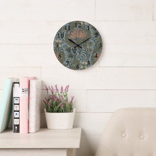Antique Victorian Floral Pattern Sage Terracota Large Clock (Reading Room)