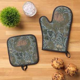 Antique Victorian Floral Pattern Sage Terracota Oven Mitt & Pot Holder Set