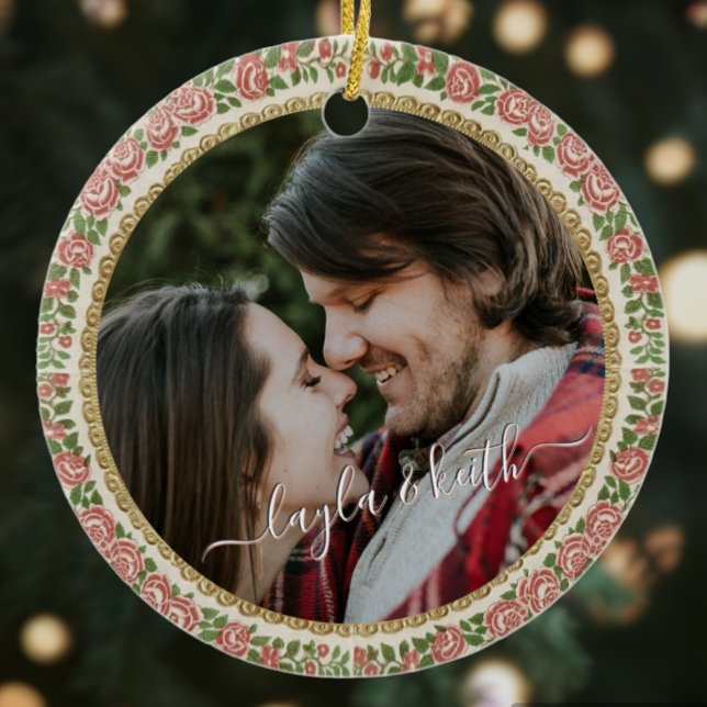 Antique Victorian Floral Photo Text Christmas Tree Ceramic Ornament (Creator Uploaded)