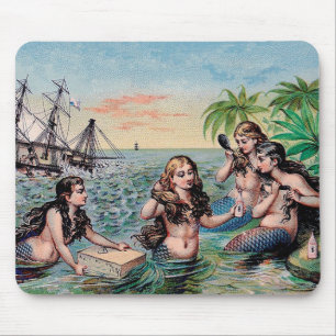 Antique Victorian Mermaids Treasure Ship Vintage Mouse Pad
