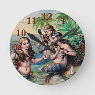 Antique Victorian Mermaids Treasure Ship Vintage Round Clock