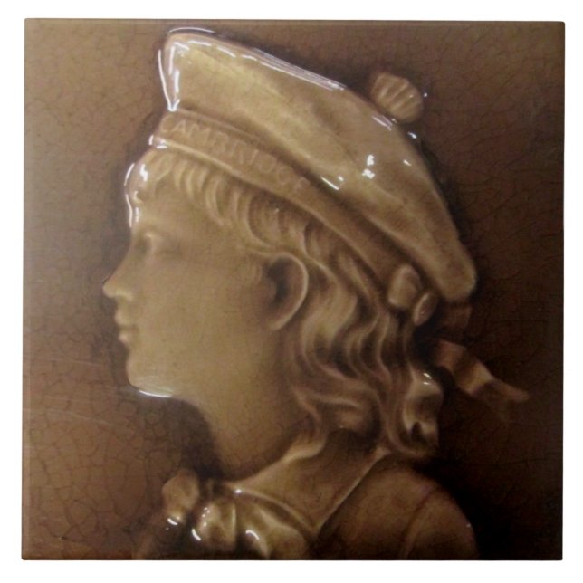 Antique Victorian Repro Boy Portrait Majolica Ceramic Tile (Front)