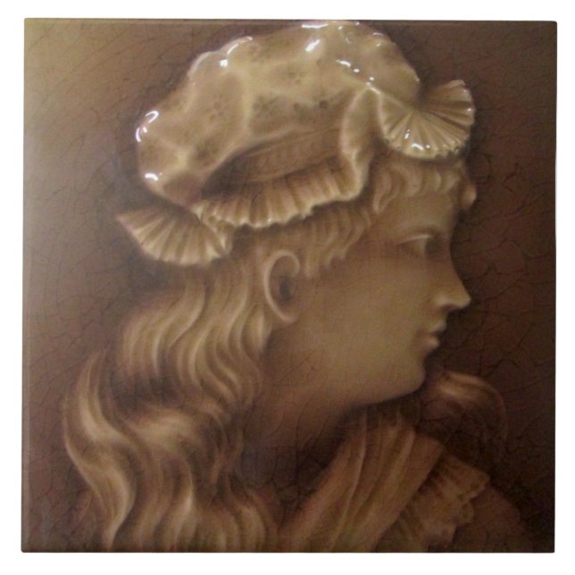 Antique Victorian Repro Girl Portrait Majolica Ceramic Tile (Front)