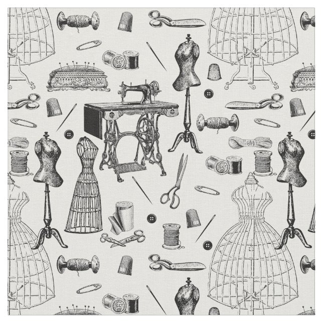 antique victorian sewing machine black white toile fabric (Close Up)
