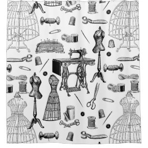 antique victorian sewing machine black white toile shower curtain