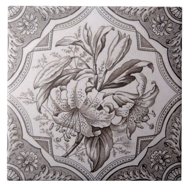 Antique Victorian Superb Floral Transferware Repro Ceramic Tile (Front)