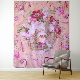 Antique Victorian Toile Rococo Style Floral Pink  Tapestry