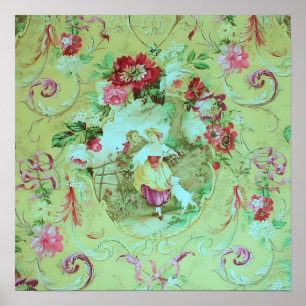 Antique Victorian Toile Rococo Style Sage Green  Poster