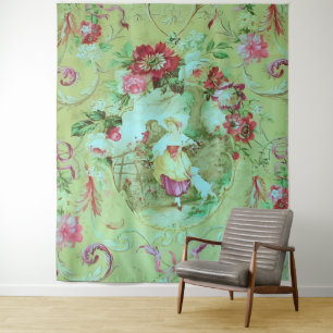 Antique Victorian Toile Rococo Style Sage Green  Tapestry