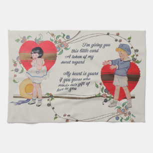 Antique Victorian Valentine Card Art Retro Child Tea Towel