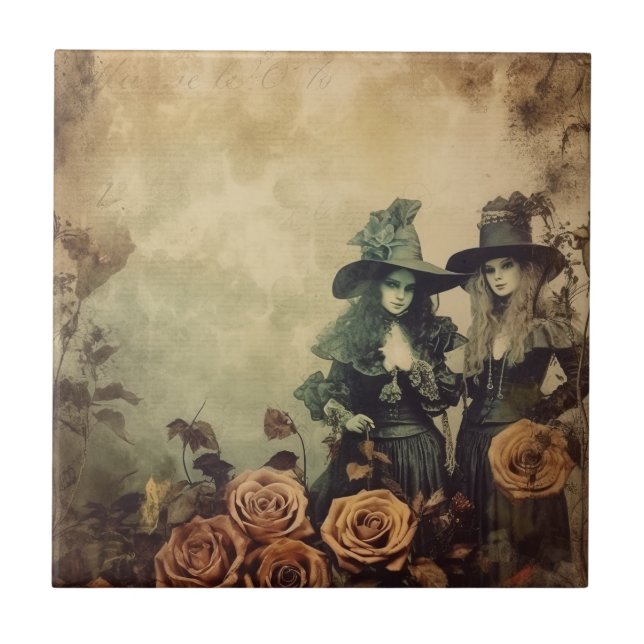 Antique Victorian Witch Sisters Sepia Ceramic Tile (Front)