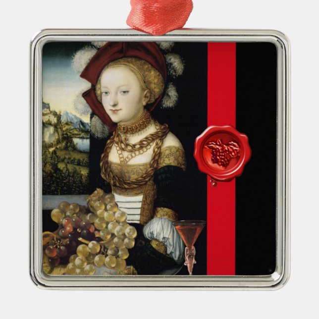 ANTIQUE VINEYARD GRAPES AND WINE ,RED WAX SEAL METAL ORNAMENT (Front)