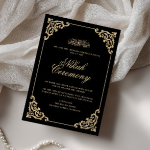 Antique Vintage Baroque Black Gold Nikah Ceremony Invitation