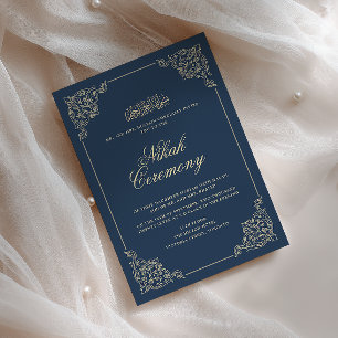 Antique Vintage Baroque Navy Blue Nikah Ceremony Invitation