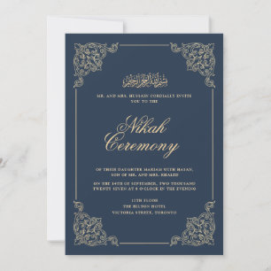 Antique Vintage Baroque Navy Blue Nikah Ceremony Invitation