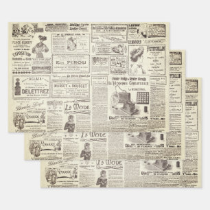 Antique Vintage Beige French Ads Ephemera Wrapping Paper Sheet