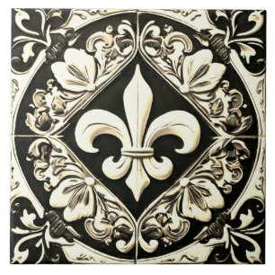 Antique Vintage Black and White Fleur de Lis Ceramic Tile