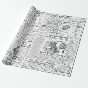 Antique Vintage Black White French Ads Ephemera  Wrapping Paper