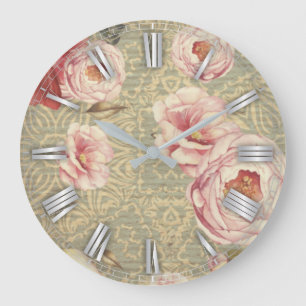 Antique Vintage Blossoms & Petals On Damask Paper Large Clock