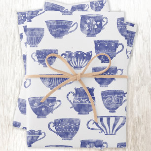 Antique Vintage Blue Teacup Watercolor Wrapping Paper Sheet