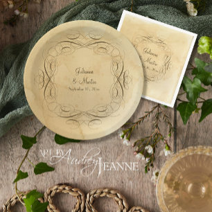 Antique Vintage Calligraphy Scrollwork Wedding Paper Plate