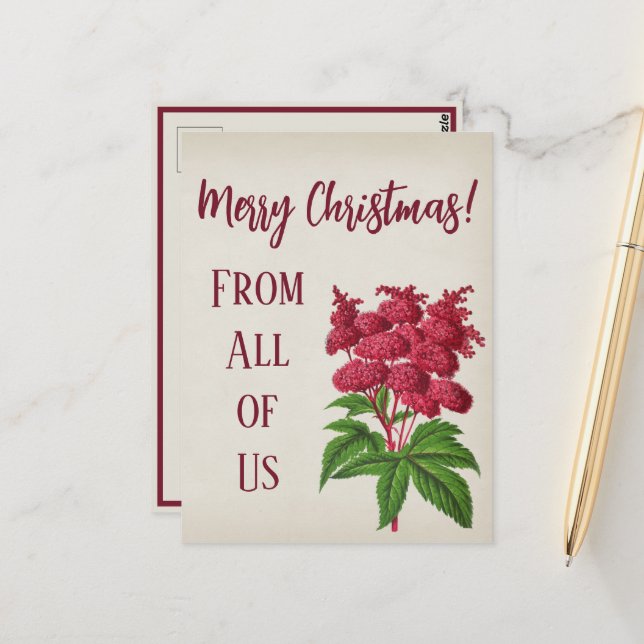 Antique Vintage Christmas Red Spiraea Palmata Card (Front/Back In Situ)
