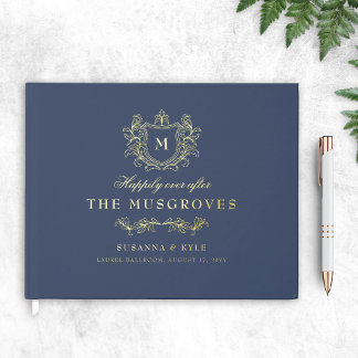 Antique Vintage Crest Monogram Navy & Gold Wedding Guest Book