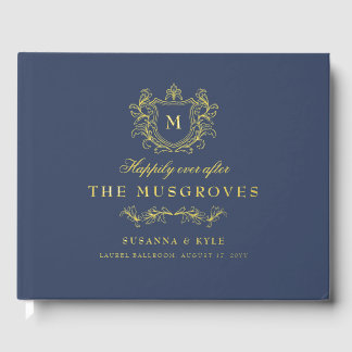 Antique Vintage Crest Monogram Navy & Gold Wedding Guest Book