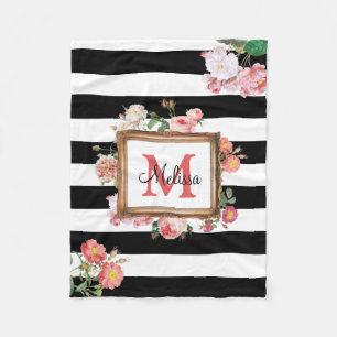 Antique Vintage Floral & Stripes Monogram Fleece Blanket