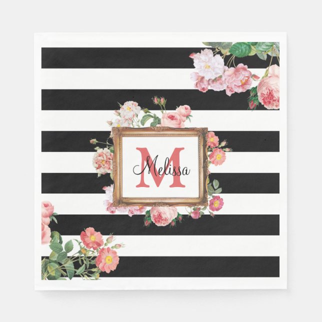 Antique Vintage Floral & Stripes Monogram Napkin (Front)