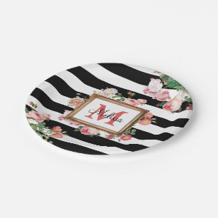Antique Vintage Floral & Stripes Monogram Paper Plate