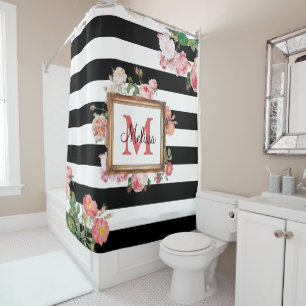 Antique Vintage Floral & Stripes Monogram Shower Curtain