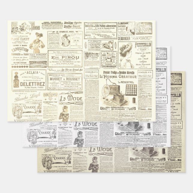 Antique Vintage French Ads Ephemera  Wrapping Paper Sheet (Set)