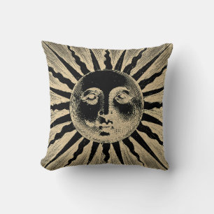 Antique Vintage Gold Black Sun Face Cushion