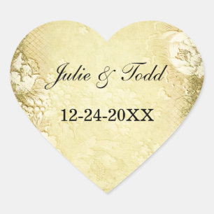 Antique Vintage Gold Floral Save The Date Wedding Heart Sticker