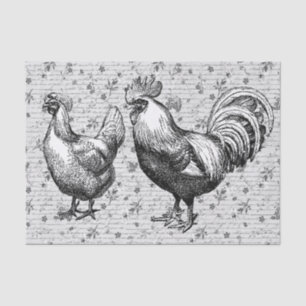 Antique Vintage Grey Rooster Hen French Script Tissue Paper