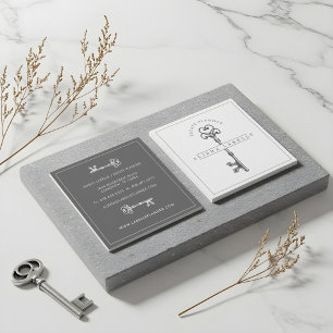Antique Vintage Grey Skeleton Key Square Business Card