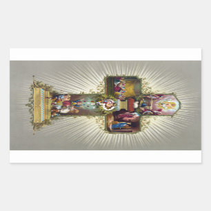 Antique Vintage Happy Easter Religious Cross Rectangular Sticker